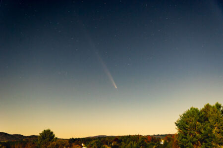 Comet Neowise, just barely visible to the naked eye. A 10 second exposure here to bring it out.